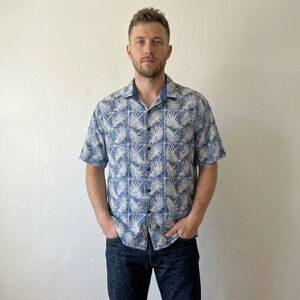 Nat Nast Mens Shirt XL Blue Silk Cotton Palm Print Short Sleeve Resort Coastal